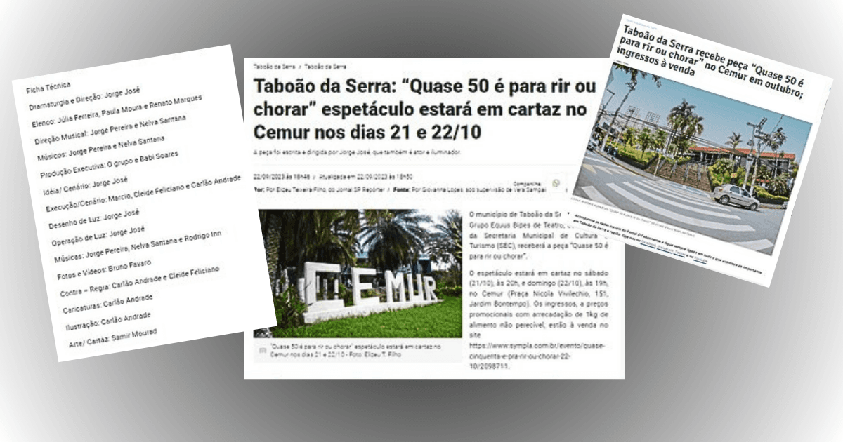Publicações sobre Quase 50 é para rir ou chorar no Cemur, acompanhadas da ficha técnica